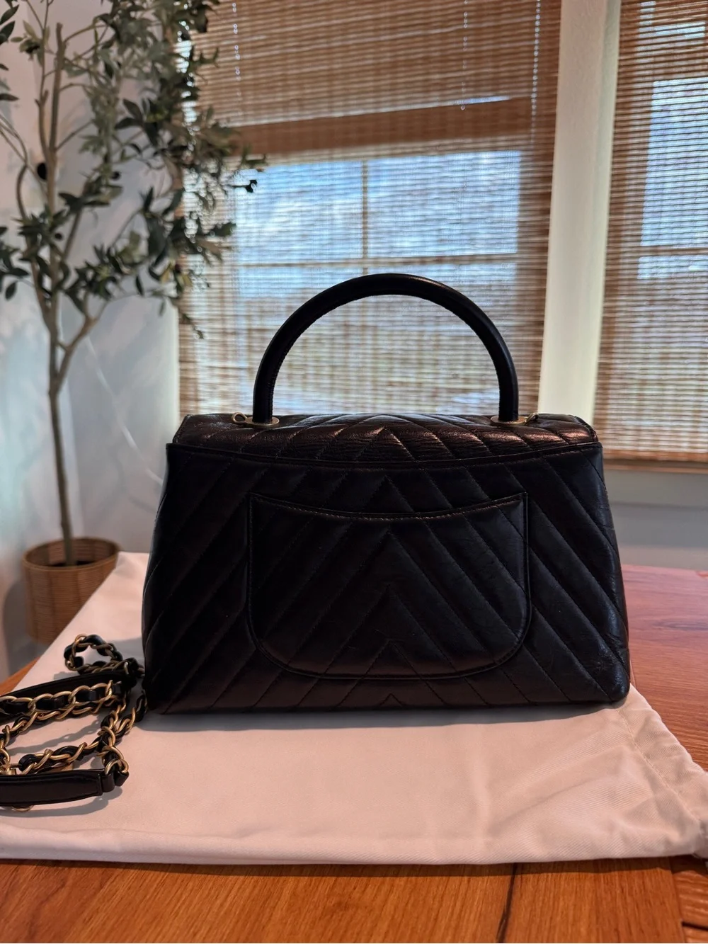 CHANEL Coco Handle Black Chevron Quilted Top-Handle Satchel with Gold Hardware